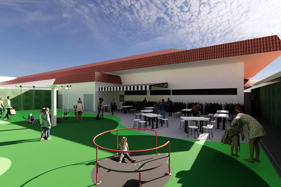 Lakaran artis mengenai kawasan permainan luar  di Terminal Feri Tanah Merah yang boleh dinikmati keluarga yang mempunyai anak kecil. 