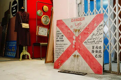 Sebuah papan tanda amaran lama yang ditulis dalam pelbagai bahasa, termasuk Tamil, Jawi dan Cina. Artifak itu dipercayai berasal dari era 1940-an dan merupakan sebahagian daripada Stesen Kereta Api Tanjong Pagar. 
