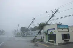 Tiang utiliti patah dan tumbang akibat tiupan angin kencang ketika taufan Milton menghampiri Fort Myers di Florida, Amerika Syarikat pada 9 Oktober.