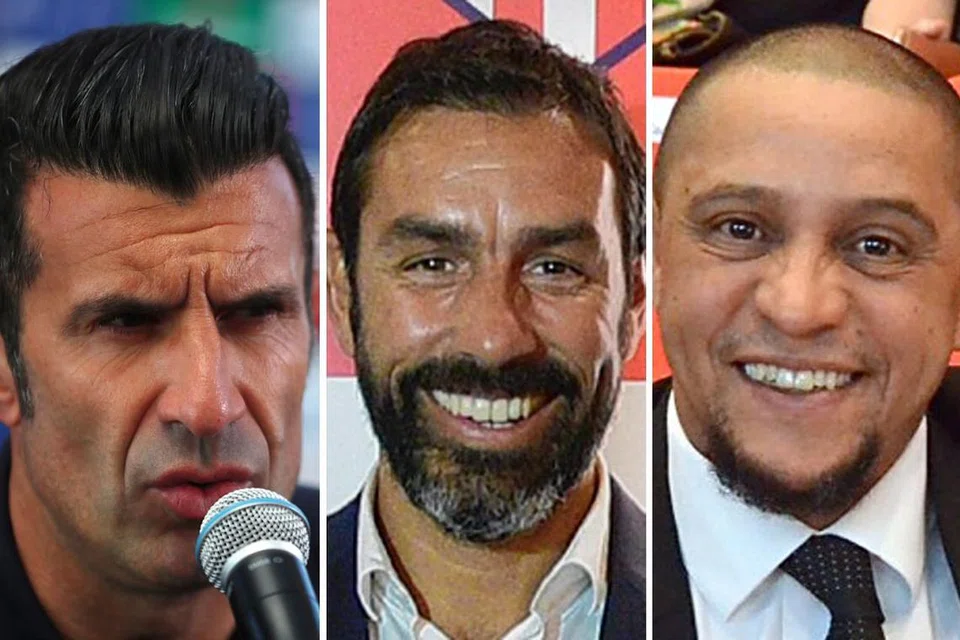 PERTANDINGAN AMAL: Antara bekas bintang-bintang bola sepak yang akan tampil di Stadium Tan Sri Hassan Yunus, Larkin pada 30 Jun ini ialah (dari kiri) Luis Figo, Robert Pires dan Roberto Carlos.- Foto-foto fail