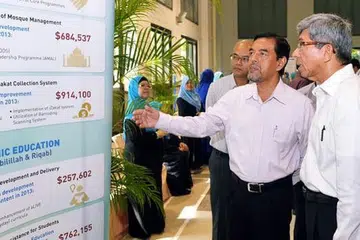 PELAN TAHUN-TAHUN MENDATANG: Dr Yaacob (kanan) diberi taklimat mengenai pencapaian tahun lalu dan rancangan Muis tahun ini oleh Haji Abdul Razak di Seminar Pelan Kerja Muis semalam.