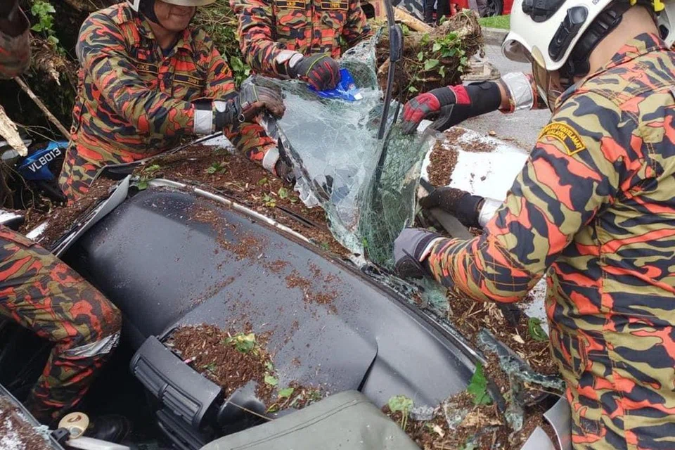 MANGSA TERSEPIT: Anggota bomba dari Balai Bomba dan Penyelamat Ampang memotong kenderaan yang dihempap pokok tumbang untuk mengeluarkan mangsa tersepit dalam kejadian yang menyebabkan dua lelaki maut di Jalan Bukit Belacan, Kampung Lembah Jaya Utara, Ampang, Selangor, pada 19 Disember.