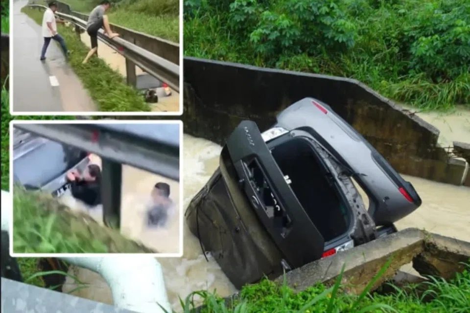DETIK CEMAS: Keadaan kereta dinaiki dua wanita selepas dihanyutkan arus deras sejurus terbabas ke longkang. (Gambar sisipan) Seorang awam selamatkan mangsa.