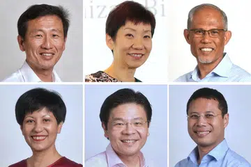 TUGAS BARU: (dari atas kiri, ikut putaran jam) Encik Ong Ye Kung (Menteri Pengangkutan), Cik Grace Fu (Menteri Kemampanan dan Sekitaran), Encik Masagos Zulkifli Masagos Mohamad (Menteri Pembangunan Sosial dan Keluarga), Encik Desmond Lee (Menteri Pembangunan Negara), Encik Lawrence Wong (Menteri Pendidikan), Cik Indranee Rajah (Menteri Kedua Pembangunan Negara). - Foto-foto fail