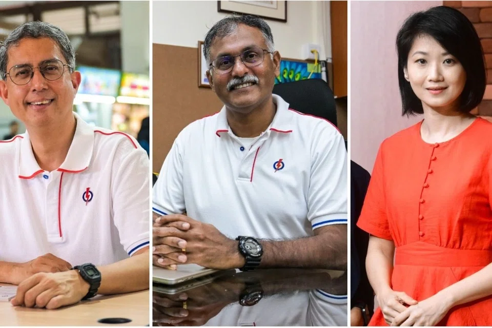 Tiga yang dinaikkan pangkat kepada Menteri Negara Kanan (dari kiri) Profesor Madya Dr Muhammad Faishal Ibrahim, Encik Murali Pillai dan Cik Sun Xueling.