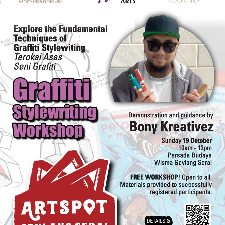 Ibu bapa dan kanak-kanak boleh mempelajari asas seni grafiti menerusi bengkel kendalian artis grafiti terkenal, Bony Kreativez, di Persada Budaya, Wisma Geylang Serai.