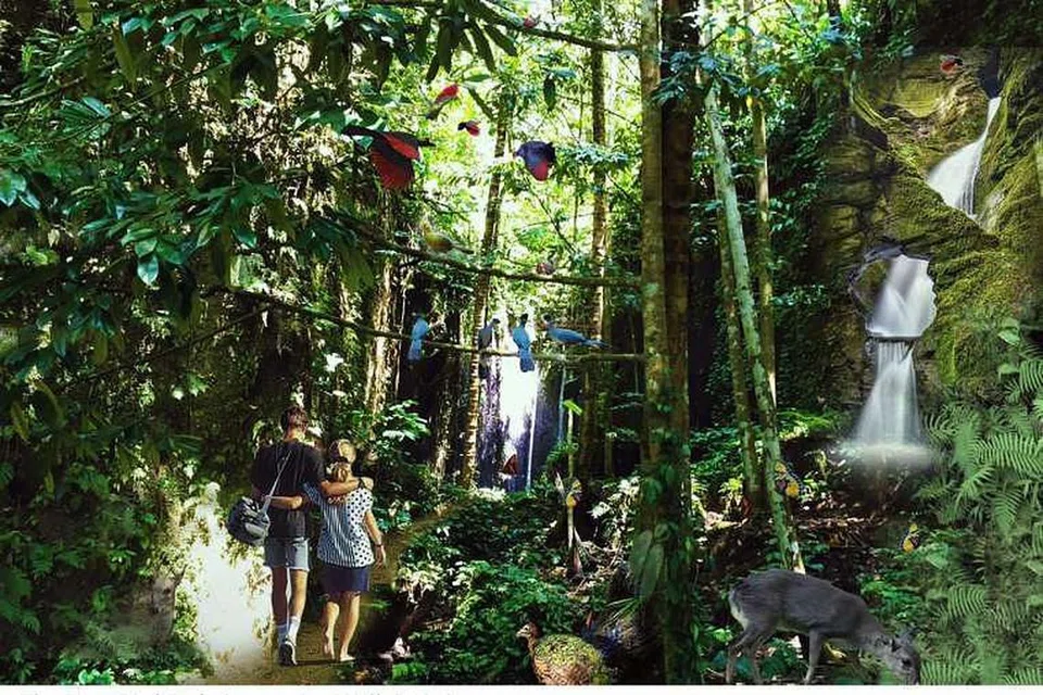 Gambaran artis aviari dengan lanskap menyerupai habitat semula jari unggas di taman burung baru di Mandai. 