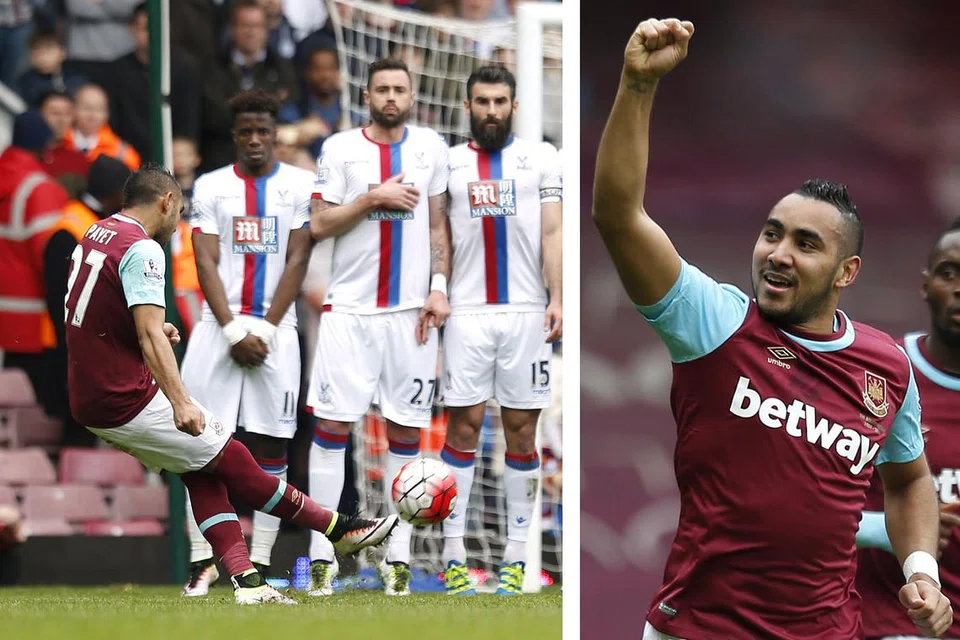 TENDANGAN PERCUMA 'MAUT': Penyokong West Ham kini sentiasa menjangkakan satu perkara magis akan berlaku setiap kali Dimitri Payet (gambar kanan) melakukan tendangan percuma, termasuk kebolehannya yang disamakan dengan pakar tendangan percuma David Beckham. - Foto-foto REUTERS