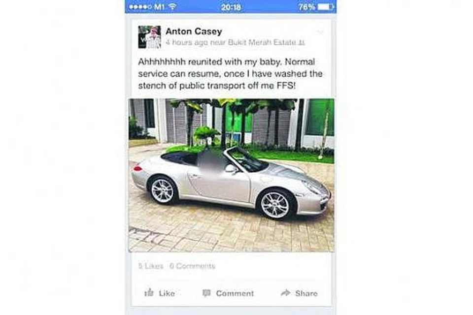 CETUS KEMARAHAN: Encik Anton Casey memuat naik gambar anak lelakinya di dalam kereta Porsche, disertai kekata: "Ahh, bersama semula dengan kesayangan saya. Khidmat biasa bermula semula, sebaik saja saya cuci bau busuk akibat pengangkutan awam daripada tubuh saya ini.'" - Foto fail