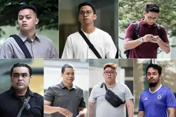 Tujuh daripada lapan lelaki yang didakwa ialah (mengikut dari kiri atas) Muhamad Haziq Bakatiar, Irham Hussaini Mohamad Hussain, Syahirul Daud Abdul Razak, Muhammad Ameerulah Noor Mohamed, Wilfred Ang Shui Lai, Muhammad Ngasri Sengngari, dan Fazal Hanafi Abdul Hameed Chaudhry.