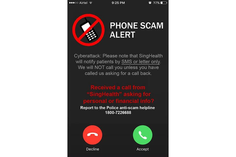 AMBIL PERHATIAN: SingHealth mengingatkan orang ramai bahawa ia akan hanya memaklumkan pesakit menerusi SMS atau surat sahaja, dan bukan menerusi panggilan telefon. Jika mereka menerima sebarang panggilan kononnya daripada SingHealth lalu meminta maklumat peribadi atau wang, mereka dinasihatkan agar segera menghubungi talian anti penipuan polis. - Foto FACEBOOK SINGHEALTH