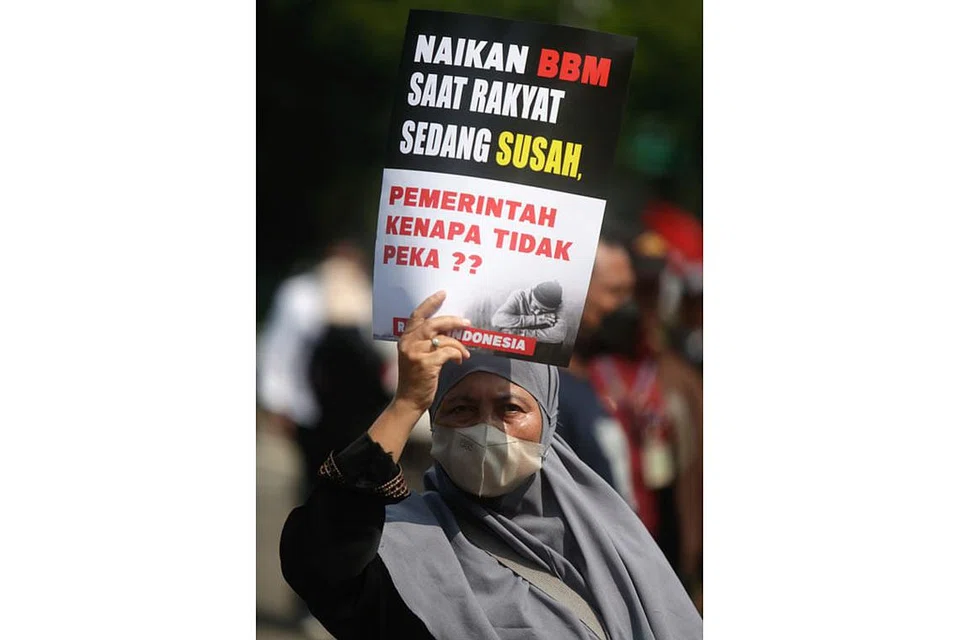 TUNTUT PEMERINTAH: Seorang wanita memegang sepanduk semasa bantahan berhampiran Istana Presiden di Jakarta, Indonesia, kelmarin. - Foto EPA-EFE