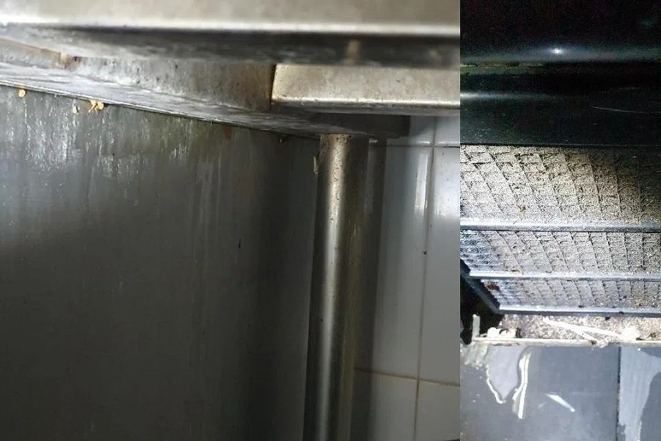 Lipas ditemui di bawah singki basuh tangan (kiri) dan petak motor penyejuk (kanan) di dapur kedai makan Abu Mubarak Mandi Rice yang terletak di 300 Tampines Avenue 5, bertentangan Our Tampines Hub.