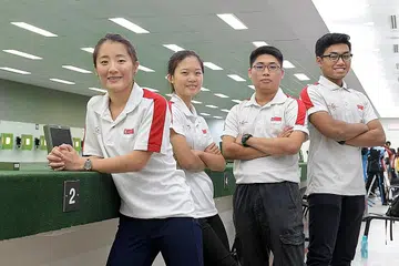 MENYERTAI SUKAN SEA PERTAMA KALI: Empat penembak Singapura bagi Sukan SEA di Kuala Lumpur - (dari kiri) Lim Yee Xien, Phaedra Tan Yee Joo, Sng Jian Hui dan Mohd Irwan. - Foto THE STRAITS TIMES