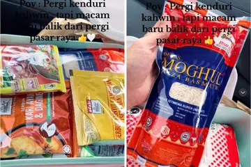 BERANEKA: Seorang wanita dari Johor Bahru menerima berkat walimah berbentuk beraneka barang dapur seperti perisa, rempah kari dan beras antara lain.