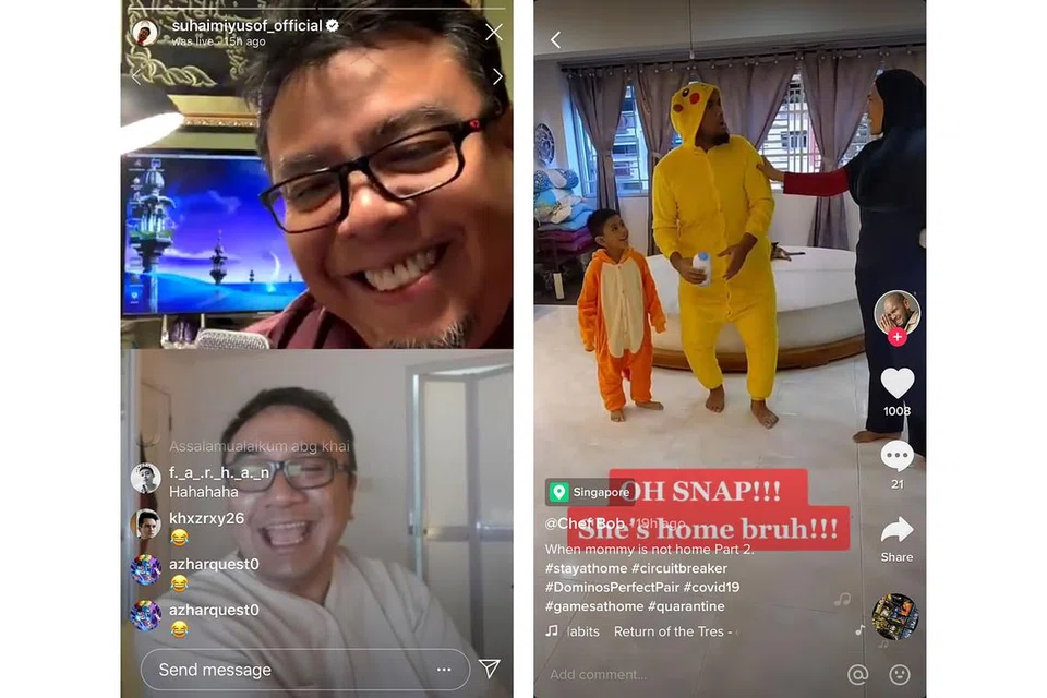 (Gambar kiri) MEMBERI SEMANGAT: Dalam rancangan temu bual harian Bebual Kon....ference, Suhaimi Yusof dan Khairudin Samsudin menyediakan hiburan alternatif bagi peminat di laman Instagram. - Foto INSTAGRAM SUHAIMI YUSOF (Gambar kanan) VIBE POSITIF: Cef Bob dan keluarganya merakam skit lucu di TikTok sebagai sumbangan mereka untuk menyebarkan sikap positif kepada warga Singapura semasa keadaan yang agak murung ini. - Foto ihsan CEF BOB
