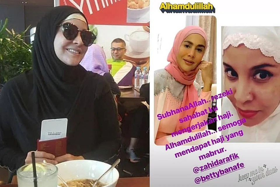 TUNAIKAN HAJI: Gamber Betty Banafe (gambar kiri dan kanan) dan Zahida Rafik dikongsi oleh teman mereka, pelakon Umie Aida di Instagram, sambil mengiring doa agar dua sahabatnya itu dikurniakan haji mabrur. - Foto BETTY BANAFE IG