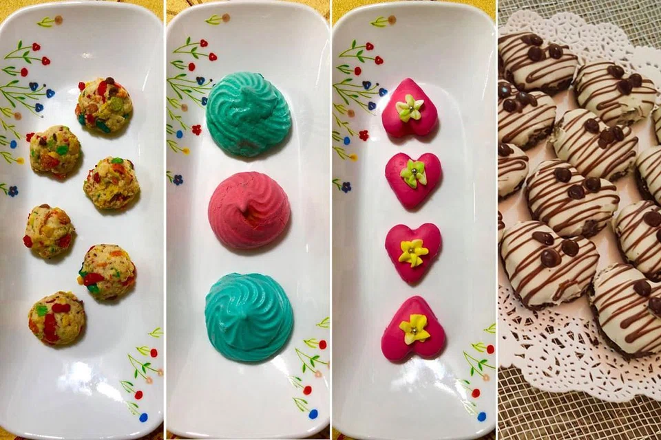 CONTOH KUIH RAYA MODEN: (Dari kiri) FRUITY CEREAL POPCORN COOKIES - Bijirin - Sirap jagung - Tepung biskut; RAINBOW MERINGUE - Putih telur - Gula aising - Tepung jagung; PUTERI PINKY - Tepung - Serbuk badam - Gula aising; DOUBLE CHOCOLATE MINT COOKIES - Coklat premium - Tepung biskut - Gula aising