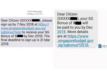 YANG BENAR: Dua contoh pesanan teks sah yang dikirim pemerintah berkenaan SG Bonus.