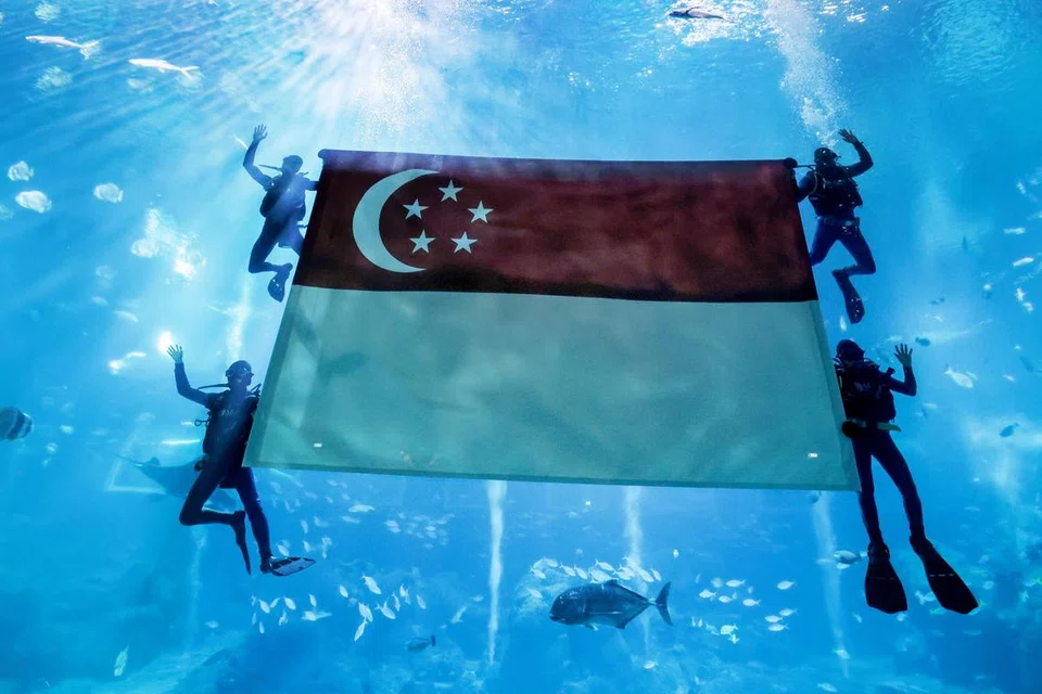 KIBARAN BENDERA DALAM AIR: Penyelam bakal mengibar bendera Singapura di dalam air di ‘Open Ocean Habitat’ di S.E.A Aquarium Sentosa antara 9 dengan 11 Ogos sempena Hari Kebangsaan.