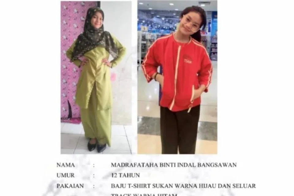 Madrafataha Indal Bangsawan, 12 tahun, dilaporkan hilang selepas turun mengambil makanan dari dalam kereta sekitar 2.20 petang 9 Oktober, di tempat letak kereta, rumah pangsa di Klang.