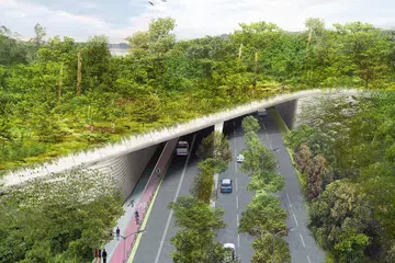 JAMBATAN MANDAI ECO-LINK: Lakaran artis jambatan bagi memberi laluan haiwan yang menyeberang antara Kawasan Simpanan Semula Jadi Pusat di kedua-dua belah Jalan Mandai Lake. Ia dijangka siap menjelang akhir 2019. - Foto MANDAI PARK HOLDINGS