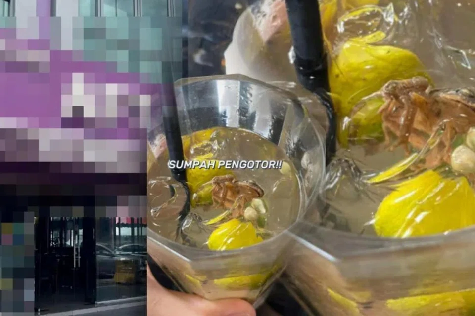 Tangkap layar video tular katak kecil terapung dalam minuman asam boi dipesan seorang wanita di sebuah restoran di Negeri Sembilan pada 1 Ogos lalu.