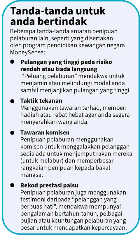 Jangan terpedaya dengan pelaburan palsu yang menguntungkan. Semak dahulu sebelum anda bertindak. 