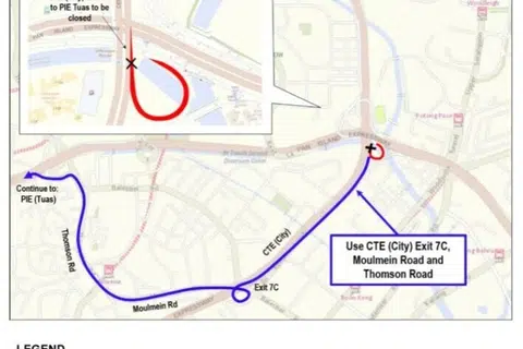 Pemandu yang menggunakan jalan susur keluar 8A Ekspreswe Central (CTE) untuk memasuki Ekspreswe Rentas Pulau (PIE) arah Tuas dinasihatkan supaya menggunakan jalan susur keluar 7C dan memasuki PIE melalui Moulmein Road dan Thomson Road.