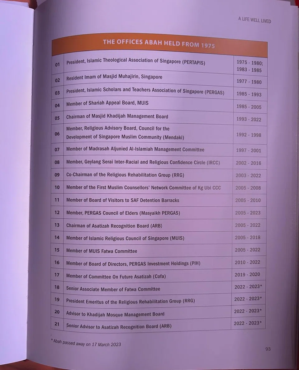 Pelbagai jawatan yang dipegangnya antara 1975 dengan 2023 tersenarai dalam muka surat 93 buku itu.