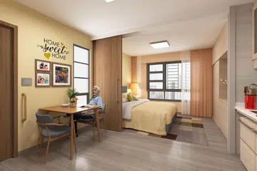 Flat perumahan awam mesra warga emas di Harmony Village @ Bukit Batok seperti gambaran artis ini akan disediakan dengan kelengkapan mesra warga emas, seperti bilik mandi yang boleh diakses kerusi roda dengan lantai kalis gelincir dan palang pegang.