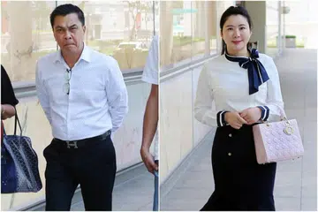 KES DIBUKA DI MAHKAMAH: Encik Toh (kiri) yang telah membayar $2 juta kepada perempuan simpanannya, Cik Jiang (kanan), dalam tempoh tiga bulan telah menyaman wanita tersebut untuk mendapatkan kembali wang itu. -Foto LIANHE ZAOBAO.