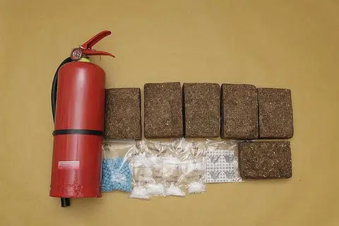 DADAH DIRAMPAS: Dadah jenis ganja, 'Ice', pil Ecstasy dan setem lysergic acid diethylamide (LSD), dirampas pegawai CNB dalam satu operasi Isnin lalu. Tiga alat pemadam api yang telah dilubangkan turut ditemui dalam operasi yang sama.