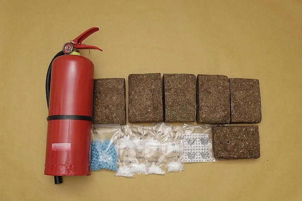 DADAH DIRAMPAS: Dadah jenis ganja, 'Ice', pil Ecstasy dan setem lysergic acid diethylamide (LSD), dirampas pegawai CNB dalam satu operasi Isnin lalu. Tiga alat pemadam api yang telah dilubangkan turut ditemui dalam operasi yang sama.