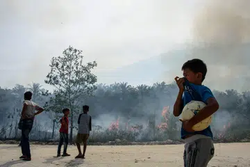 Kanak-kanak memerhati kebakaran hutan di Karya Indah, wilayah Riau pada 19 Julai 2025. 