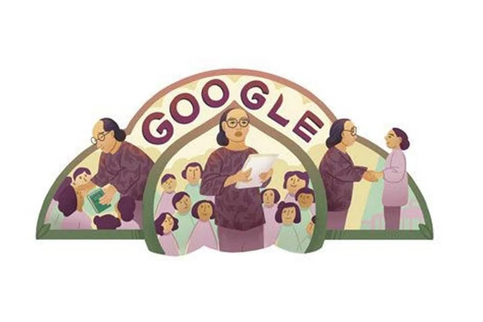 JASA DISANJUNG: Lakaran 'Google Doodle' semalam mengiktiraf bakti pengasas Persatuan Kebajikan Wanita Melayu, Che Zahara Noor Mohamed, sempena tarikh 15 Oktober 1950, di mana beliau mengadakan rapat umum sebagai respons pada Rang Undang-Undang Perkahwinan. - Foto GOOGLE