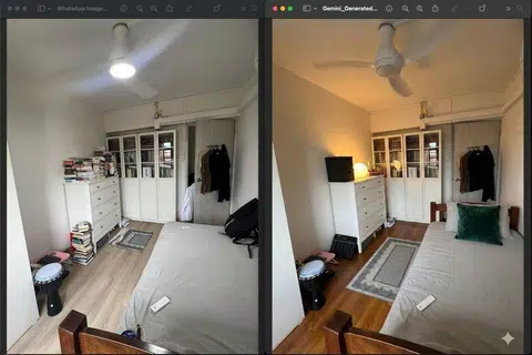 Gemini AI menghasilkan gambar bilik berdasarkan panduan yang diberikan (kanan) setelah menerima gambar bilik asal (kiri) yang perlu dikemas.