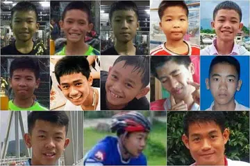 DALAM KEADAAN SIHAT: (Barisan atas, dari kiri) Chanin Vibulrungruang, 11 tahun; Mongkol Booneiam, 12 tahun; Somepong Jaiwong, 13 tahun; Panumas Sangdee, 13 tahun; Duganpet Promtep, 13 tahun; (barisan tengah, dari kiri) Ekarat Wongsukchan, 14 tahun; Adul Sam-on, 14 tahun; Nattawut Takamrong, 14 tahun; Pipat Pho, 15 tahun; Prajak Sutham, 15 tahun; (barisan bawah, dari kiri) Pornchai Kamluang, 16 tahun; Peerapat Sompiangjai, 17 tahun; dan jurulatih mereka, Encik Ekapol Chanthawong, 25 tahun yang terperangkap dalam gua Tham Luang sebelum ini kini dirawat di hospital setelah berjaya diselamatkan. 