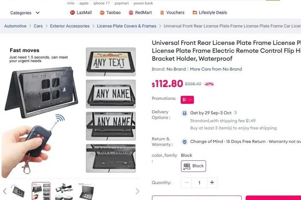 Pada mulanya, alat penukar nombor pendaftaran kenderaan seperti ini juga boleh didapati di wadah e-dagang Singapura. Namun, alat tersebut sudah tidak disenaraikan untuk dijual lagi.