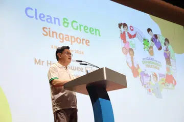 Timbalan Perdana Menteri, Encik Heng Swee Keat, semasa acara Hari Singapura Hijau dan Bersih 2024 pada 3 November yang diadakan Pusat Stephen Riady, di NUS UTown.