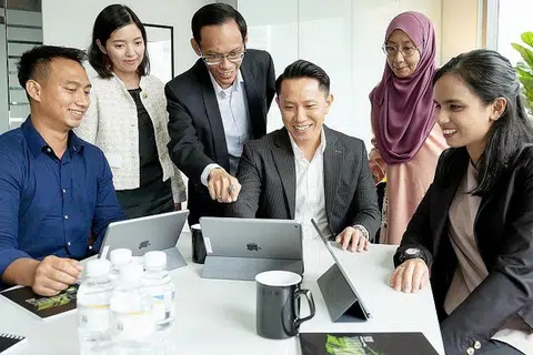 KELEBIHAN KHUSUS: Encik Isyak Masagoes (tiga dari kanan)berkata tidak banyak syarikat dapat membina masjid atau mengurus kediaman sebagaimana Warees Investments lakukan. - Foto LAMAN LINKEDIN ISYAK MASAGOES