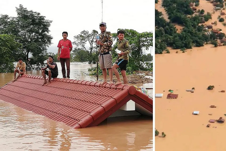 SEMUA TENGGELAM: Gambar-gambar yang diambil kelmarin di wilayah Attapeu ini menunjukkan seluruh perkampungan di situ ditenggelami air ekoran empangan yang pecah, dengan penduduk terkandas di atas bumbung rumah sambil menantikan diselamatkan. - Foto-foto AFP