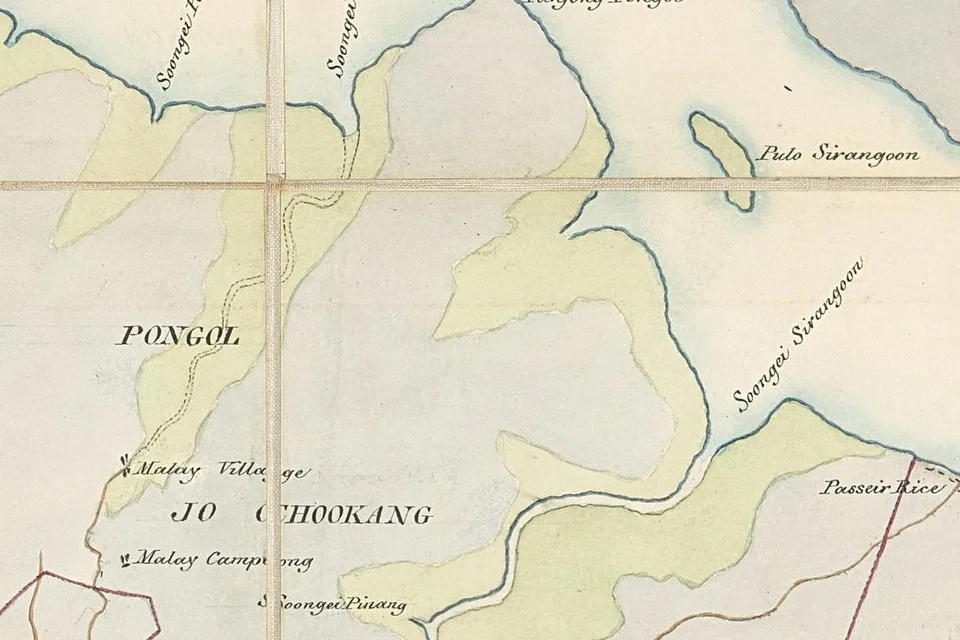 Peta 1844 yang dilukis juruukur pemerintah Singapura, J.T. Thomson, menunjukkan Tanjong Pongol (Punggol Point).