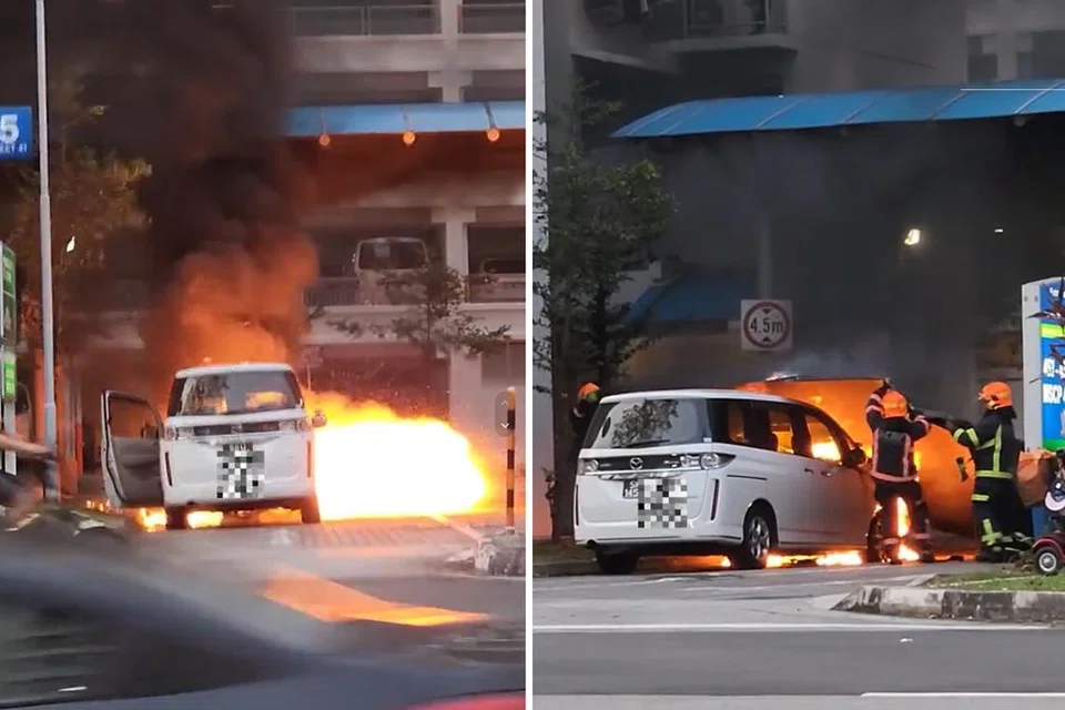 TERBAKAR: Sebuah Mazda Biante berwarna putih dilaporkan terbakar pada 2 Oktober 2023 di Blok 455 Yishun Street 41.