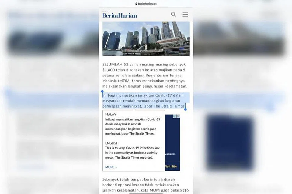 Terjemahan dari Bahasa Melayu ke Inggeris kini boleh didapatkan secara automatik bagi laporan dalam talian BH. - Foto BERITA HARIAN