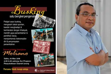 SENI PERSEMBAHAN JALANAN: Bengkel busking akan di adakan esok di Perpustakaan Daerah Jurong yang akan dikendalikan pemuzik Moliano Rasmadi (gambar kanan). - Foto LEMBAGA PERPUSTAKAAN NEGARA, Foto fail