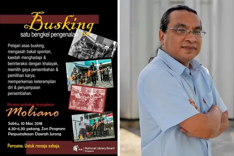 SENI PERSEMBAHAN JALANAN: Bengkel busking akan di adakan esok di Perpustakaan Daerah Jurong yang akan dikendalikan pemuzik Moliano Rasmadi (gambar kanan). - Foto LEMBAGA PERPUSTAKAAN NEGARA, Foto fail