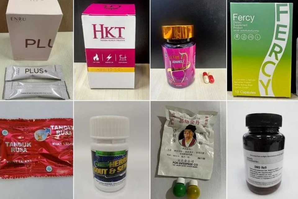 Antara produk kesihatan haram yang dirampas Penguasa Sains Kesihatan (HSA) pada 2023 ialah Enru Plus+, HKT Herba Kurus Tradisi, Slime 7D Advance Slimming Pill, Produk Suplemen Fercy Dietary, DND Rx9, Pil Hua Luo Cin Tan, D’Sihat Herba Gout & Sendi dan Tanduk Rusa Kuat Lelaki.