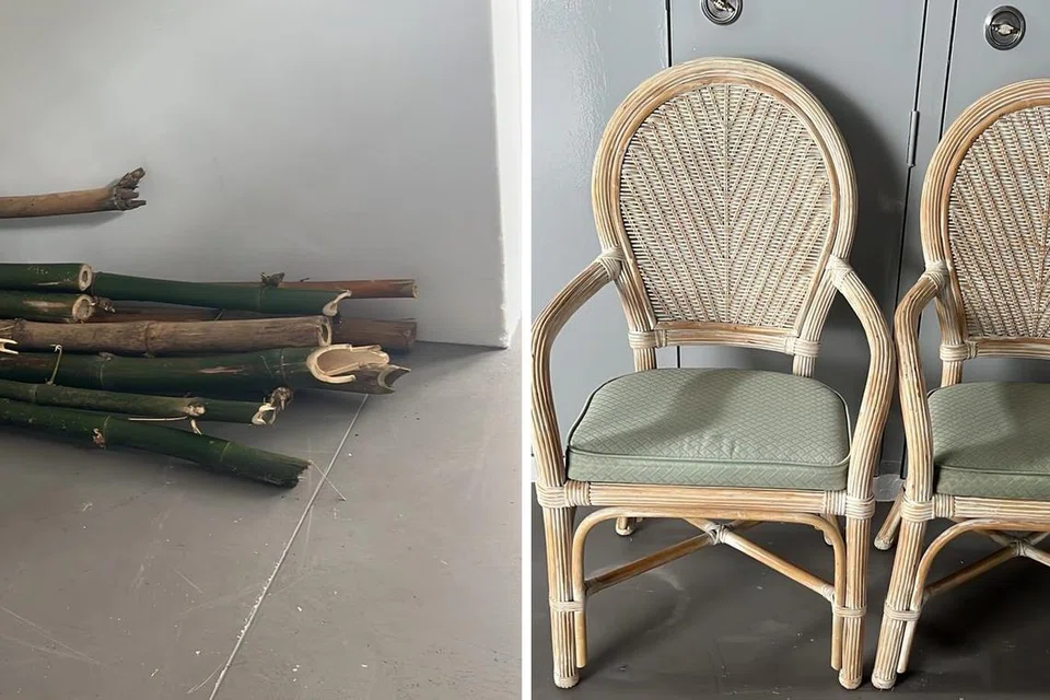 BARANG SAMPAI: Buluh yang dihantar dari Johor (kiri) dan kerusi rotan dibeli dari Carousell (kanan) untuk dijadikan tandu usung bagi pengantin.