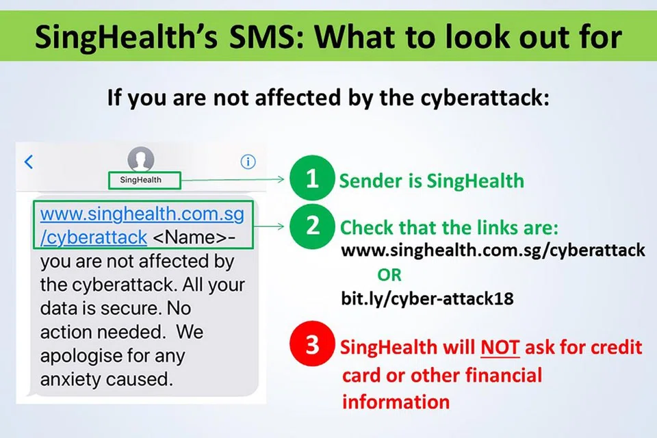 AMARAN PENIPUAN: Dalam satu pos Facebook, SingHealth berkata penerima makluman SMS perlu memeriksa dan memastikan pautan yang tertera serta penghantarnya adalah SingHealth. - Foto FACEBOOK SINGHEALTH